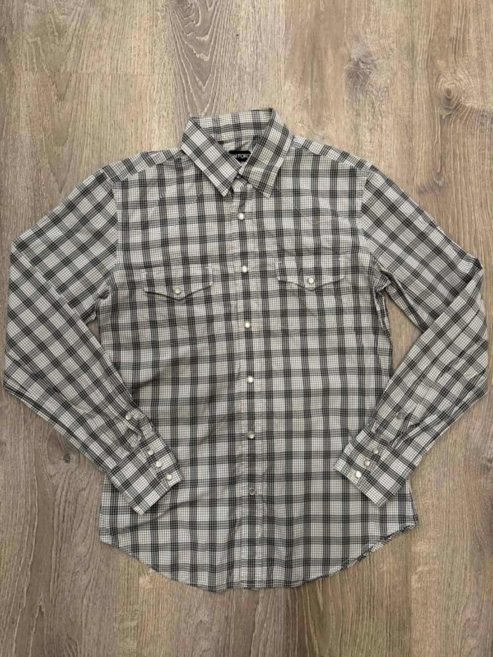 Tom Ford Men's Slim Fit Western Pearl Snap Check Shirt Grey/White 40 15.75